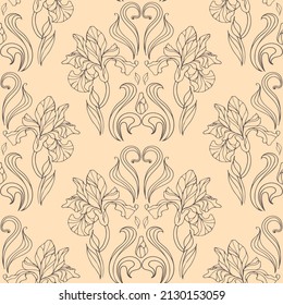 Graceful vintage iris flowers on a beige background. Vector illustration in classic style. Seamless damask pattern. Floral illustration for wallpaper, fabric print, packaging.