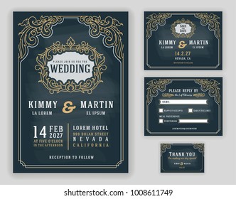 Graceful vintage and luxurious wedding invitation on chalkboard background. Vector illustration