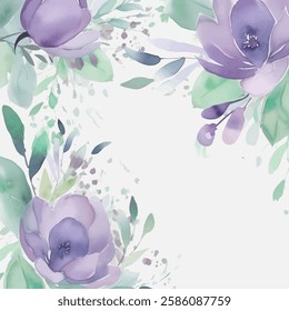 Graceful watercolor floral composition, highlighting large purple blooms and green foliage.