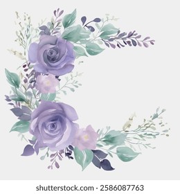 Graceful watercolor floral composition, highlighting large purple blooms and green foliage.