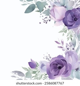 Graceful watercolor floral composition, highlighting large purple blooms and green foliage.