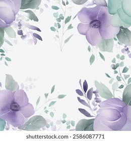 Graceful watercolor floral composition, highlighting large purple blooms and green foliage.