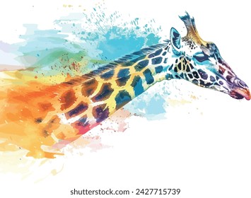 A graceful watercolor giraffe with a neck that stretches into an abstract savanna skyline, animals, watercolor style, white background, with copy space