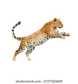 Graceful watercolor leopard vector illustration in a dynamic jumping pose. Excellent for wildlife, nature, or powerful brand imagery.