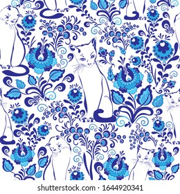Gatos blancos elegantes sobre un fondo de flores azules. Plantilla para el diseño de impresión, tela, papel pintado y caja.
