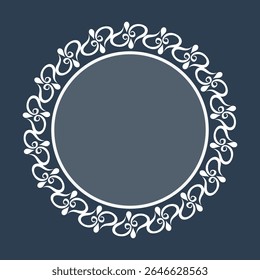 Graceful white circular frame with vintage scrollwork set on a deep navy blue background. Ideal for elegant invitations, labels, certificates, or refined backdrops. 