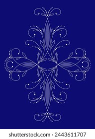 Graceful white decorative element on blue backgrounds. Mandala vector illustration. Single pattern of curved lines and swirls. Elegant lace pattern