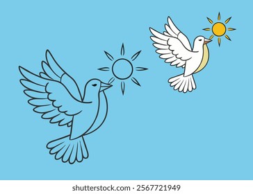 

"Graceful white dove soaring freely with radiant sunshine feathers, symbolizing peace and freedom. A beautiful vector-style coloring page for creativity and relaxation."