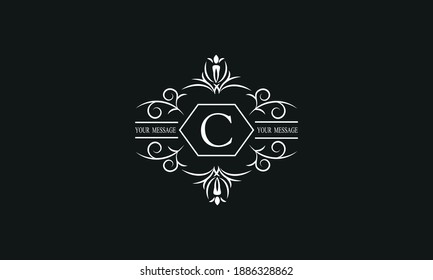 Graceful white monogram on a black background with the letter C. Elegant logo with the initial. Universal emblem, symbol of restaurant, business, greeting cards, invitations.