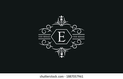 Graceful white monogram on a black background with the letter E. Elegant logo with the initial. Universal emblem, symbol of restaurant, business, greeting cards, invitations.
