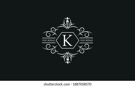 Graceful white monogram on a black background with the letter K. Elegant logo with the initial. Universal emblem, symbol of restaurant, business, greeting cards, invitations.