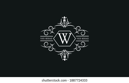 Graceful white monogram on a black background with the letter W. Elegant logo with the initial. Universal emblem, symbol of restaurant, business, greeting cards, invitations.