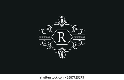 Graceful white monogram on a black background with the letter R. Elegant logo with the initial. Universal emblem, symbol of restaurant, business, greeting cards, invitations.