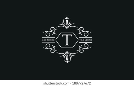 Graceful white monogram on a black background with the letter T. Elegant logo with the initial. Universal emblem, symbol of restaurant, business, greeting cards, invitations.