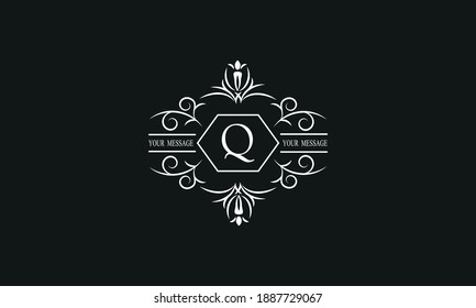 Graceful white monogram on a black background with the letter Q. Elegant logo with the initial. Universal emblem, symbol of restaurant, business, greeting cards, invitations.