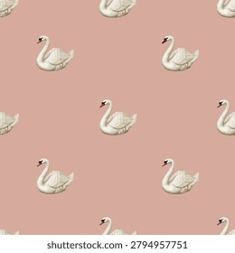 Graceful white swans alternate elegantly on muted pink patterned background