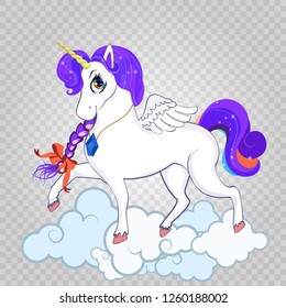 Graceful white unicorn on clouds isolated on transparent background. T-shirt graphic for kids clothing, print, surface design, fashion baby wear. Vector illustration, clip art, card, sticker, icon.
