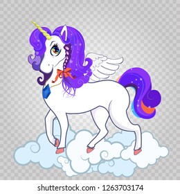 Graceful white unicorn on clouds isolated on transparent background. T-shirt graphic for kids clothing, print, surface design, fashion baby wear. Vector illustration, clip art, card, sticker, icon.
