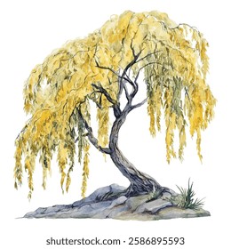 Graceful willow tree  illustration with cascading branches and lush green foliage. Perfect for nature-themed designs, art prints, and botanical projects.