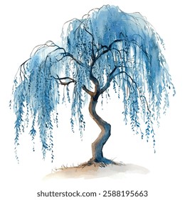 Graceful willow tree  illustration with cascading branches and lush green foliage. Perfect for nature-themed designs, art prints, and botanical projects.