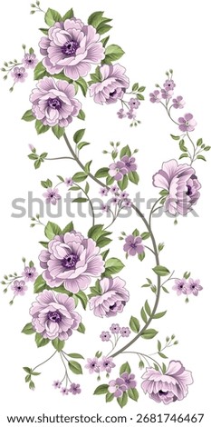 A graceful, winding stem adorned with large, layered lavender-pink blooms and delicate smaller blossoms, creating a romantic, timeless look.