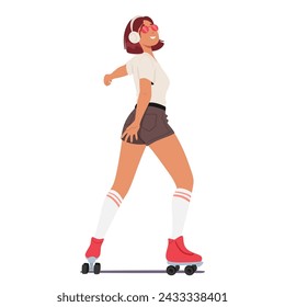 Graceful Woman, Adorned In Headphones and Sunglasses, Effortlessly Glides On Roller Skates, Merging Rhythm With Motion. Teen Girl Character Riding Rollerblades. Cartoon People Vector Illustration