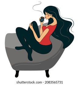 Graceful woman brunette sits in a chair and drinks coffee. The concept of comfort, safety, rest and relaxation with a mug of tea or coffee. Isolated vector illustration EPS 10. Cartoon flat style