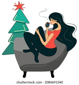 Graceful woman brunette sits in a chair and drinks coffee. The concept of comfort, safety, rest and relaxation with a mug of tea or coffee. Isolated vector illustration EPS 10. Cartoon flat style