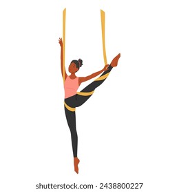 Personaje De Mujer Elegante Suspendido En Hamaca De Yoga Aérea Con Pierna Elevada, Fluyendo A Través De Poses Con Aplomo Y Fuerza Encarnando El Equilibrio Y La Serenidad En Medio De La Tela Suspendida. Ilustración vectorial