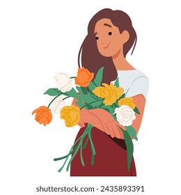 Graceful Woman Cradles A Vibrant Bouquet with Orange, Yellow and white Petals, Her Eyes Bloom With Joy, A Garden In Her Hands. Nature Poetry In Floral Embrace. Cartoon People Vector Illustration