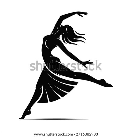 Graceful woman dancer performing artistic jump with expressive movement. Dynamic ballet or contemporary dance silhouette.