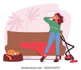 Graceful Woman in Headphones Dances Through The Room, Vacuum In Hand. Rhythmic Hum Of Suction Harmonizes With Her Lively Music Creating A Domestic Symphony Of Productivity And Joy. Vector Illustration