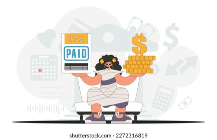 A graceful woman is holding a tax form and coins in her hands. Graphic illustration on the theme of tax payments.