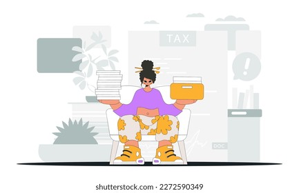 A graceful woman holds in her hands a stack of documents. An illustration demonstrating the importance of paying taxes for economic development.