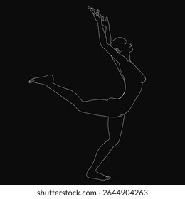 A graceful woman in a leotard strikes an elegant yoga pose, her silhouette stark against a black background. Her arms and legs extend fluidly, head tilted slightly with hair in a neat bun.