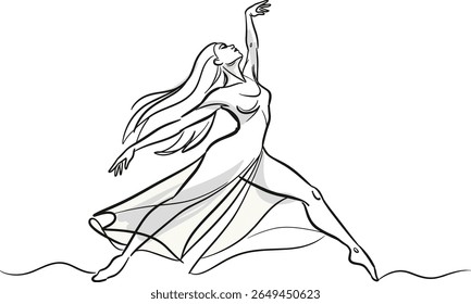 Mulher graciosa em movimento - Desenho de linha minimalista de dança feminina elegante para logotipo, decoração e embalagem