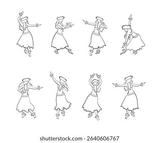 Graceful woman performing Hawaiian dance hula, moves in hand drawn sketches. Editable line art