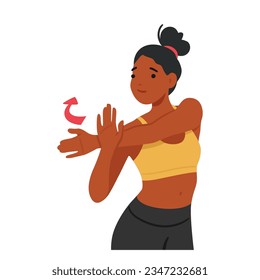 Una Mujer Agradable Que Realiza Calles De Hombro Y Mano. Carácter Femenino Adecuado Que Promueve La Flexibilidad Y La Relajación, Al Tiempo Que Mejora La Movilidad Y Alivia La Tensión. Ilustración de vectores de personas de caricatura