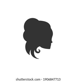 Graceful woman silhouette logotype. Female face in profile. Vector logo isolated on white. Beautiful silhouette of girl with curly hair. Princess, lady, hairdresser