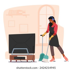 Graceful Woman Sweeps The Floor, Lost In Rhythm of Melodies. With Each Sway Of The Broom, Female Character Dances Through Chores, A Symphony Of Domestic Serenity. Cartoon People Vector Illustration