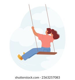 Graceful Woman Swings Gently on Rope Seesaw Against Blue Cloudy Sky, Rear View. Female Character Exuding Timeless Joy And Freedom In Her Serene, Rhythmic Motion. Cartoon People Vector Illustration