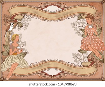 Graceful women having afternoon tea in garden, woodcut style background
