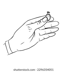 Graceful women's hand with a beautiful ring with a big shining diamond. A marriage proposal and wedding concept. Isolated vector illustration flat design.