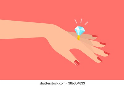 Graceful women's hand with a beautiful ring with a big shining diamond. A marriage proposal and wedding concept. Isolated vector illustration flat design. svg