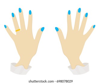 Graceful women's hand with a beautiful ring with a big shining diamond.Isolated vector illustration flat design.