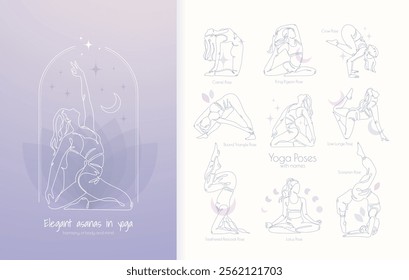 A graceful yoga poses with names, elegant line art asanas, set of beautiful women against a celestial background of stars and a crescent moon