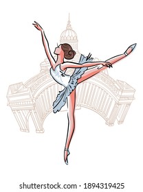 Una joven bailarina rusa elegante está bailando contra el fondo de la Catedral Kazan. Ballet ruso en San Petersburgo. Ilustración vectorial de línea dibujada a mano, arte de impresión delicado, postal.