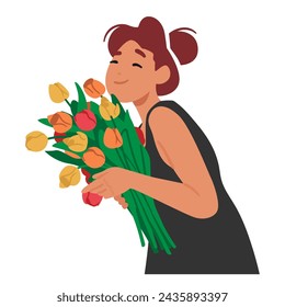 Graceful Young Woman Character Cradles A Vibrant Tulip Bouquet, Radiating Joy. Petals Mirror Her Youth, And The Blooms Symbolize The Beauty She Holds In Her Hands. Cartoon People Vector Illustration