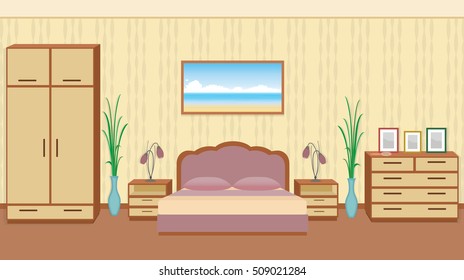 Gracefull bedroom interior in light colors with furniture and houseplants. Flat style vector illustration