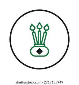 Uma ilustração botânica graciosamente simples apresenta três caules de planta alongados aninhados dentro de um vaso ornamental. O design evoca elegância discreta através de sua arte de linha fina e contida